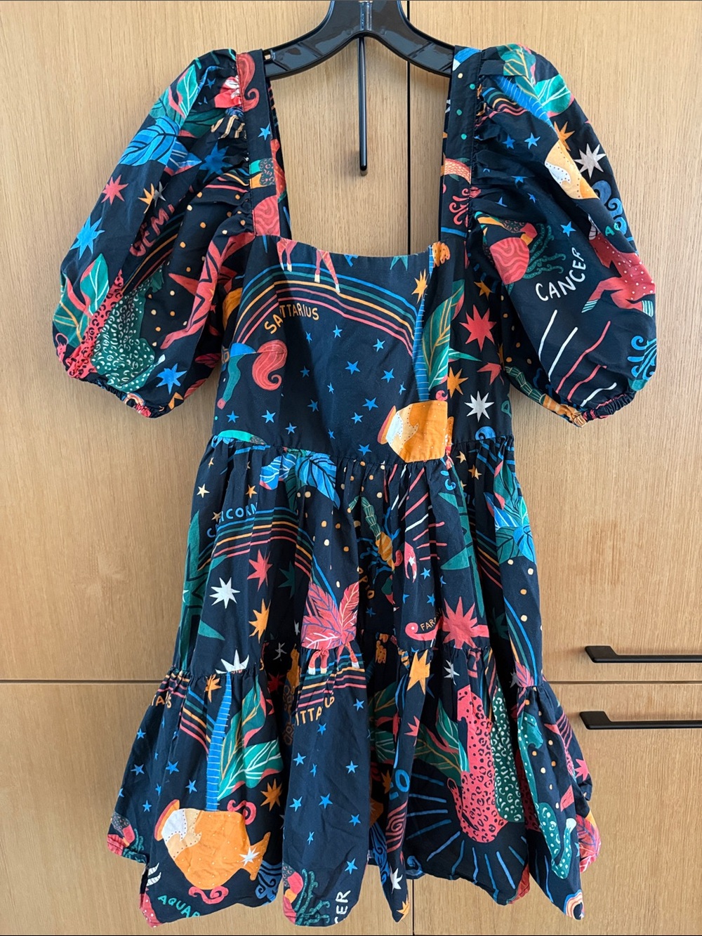 Farm Rio Zodiac Cotton Mini Dress Puff Sleeves Womens size Large - Picture 3 of 12